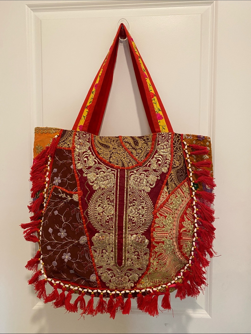 Embroidered Red Patchwork Fringe Tote Bag